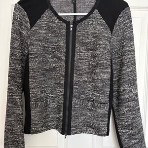 Eileen Fisher Black and Gray Tweed Zip-Front Jacket